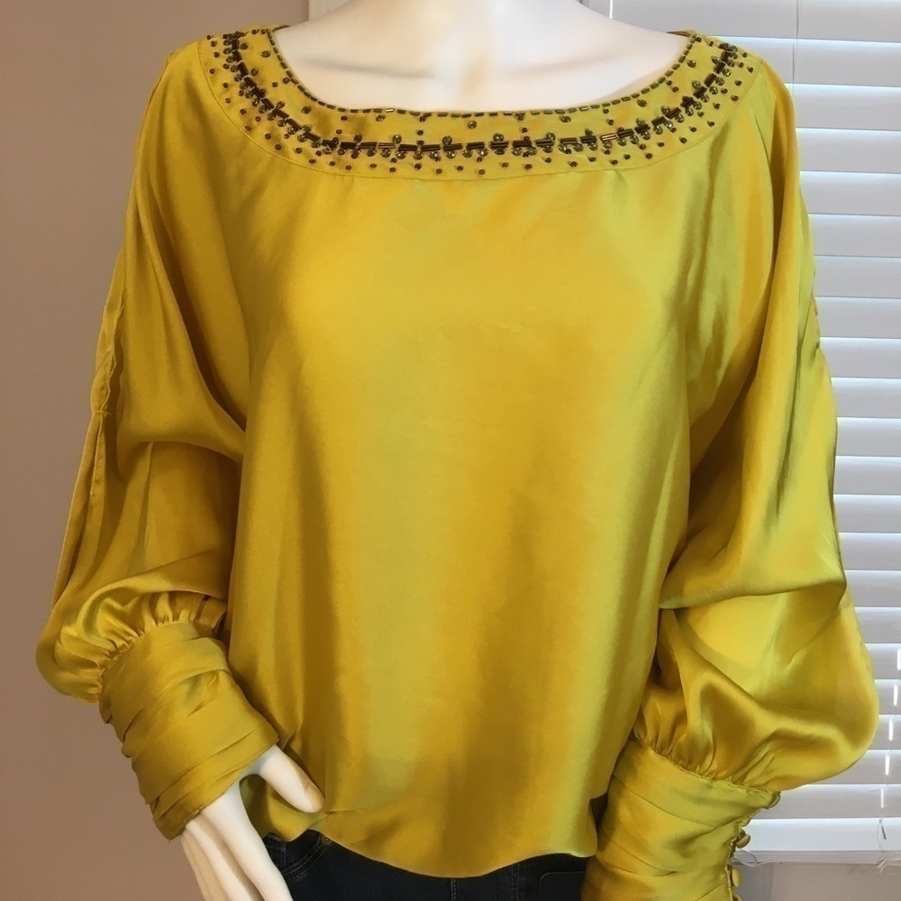 Selena & Maria Sequins Mustard Yellow Long Puff Button Sleeves Blouse Size M